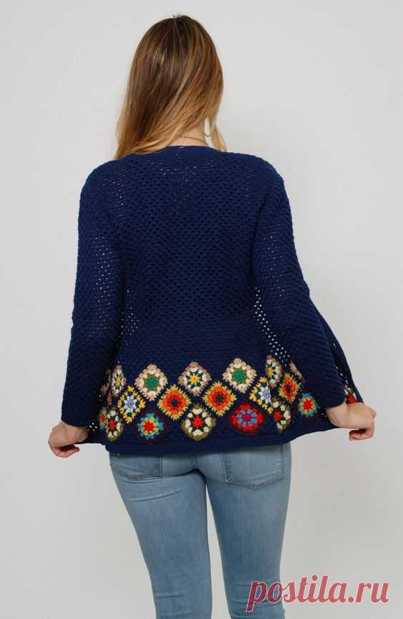 Vintage 70s GRANNY SQUARE Sweater Blue Knit Sweater Hippie Sweater RAINBOW Knit Cardigan Open Knit Jumper Boho Layering Piece