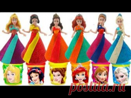 Making New Play Doh Dress for Disney Princess Frozen Elsa & Anna, Belle, Aurora, Ariel, Snow White