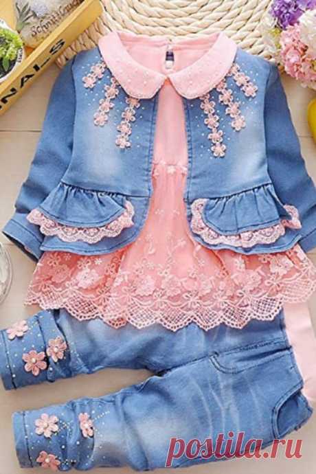 3 Pieces of Sets,Long Sleeve T Shirt, Denim Jacket , Jeans Pants A super cute outfit! Absolutely gorgeous dress set for your beautiful girl.