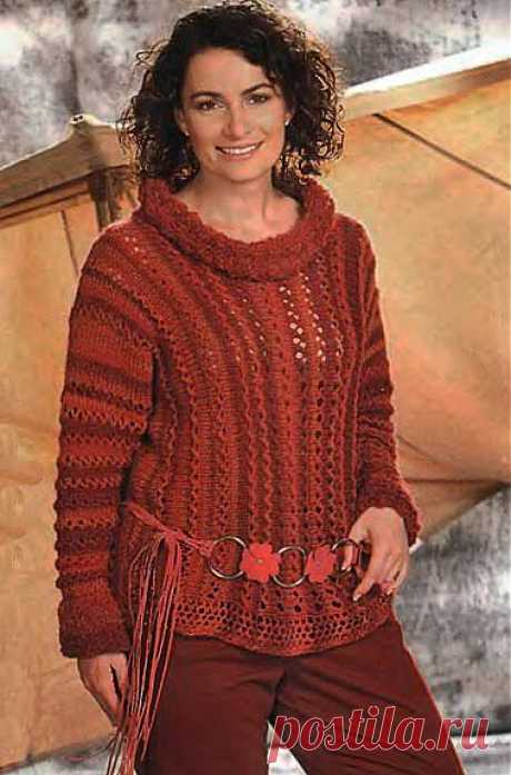 Пуловер в вертикальную полоску, связанный спицами. / 1001uzor.com