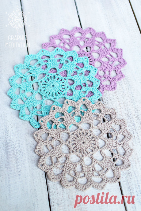 Crochet coasters, 3 Color doily set 6", Round doily cup coasters, Wedding table decor, Lilac doily, Hand crocheted doily, Beige lace doily Wonderful colors doily set of 3 crochet coasters will be perfect for wedding table decor, home décor, sewing crafts, holiday decorating, and so much more!  These tender color doily set would look great on your table for spring and would make a wonderful Mothers Day gift!  Round doily size: 6 inches (15 cm). Colors: light cyan, lilac, be...
