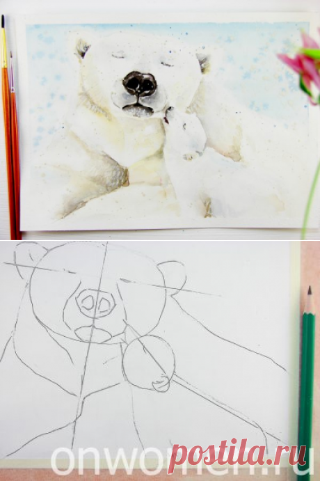 Белый медведь акварелью — Поделки с детьми
