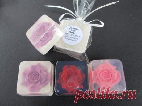 Wedding Favor - rose, custom ooak, personalized, glycerin soap favor, A very elegant rose soap IN ANY COLOR paired with a true rose fragrance oil or other selection. A soap rose is embedded into clear soap. A background color may be added, please include in order comments. Your choice of rose colors. CUSTOM PERSONALIZED LABEL ON EACH FAVOR! ~Please include up to about 30 characters to your order comment box for your labels)   For 12 single rose soap favors, shrink wrapped ...