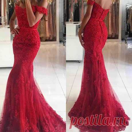 Newest Trumpet/Mermaid Lace Prom Dresses, Off-the-shoulder Tulle Formal Party Dress, Appliques Long Evening Wear Dresses, #020102938 on Storenvy