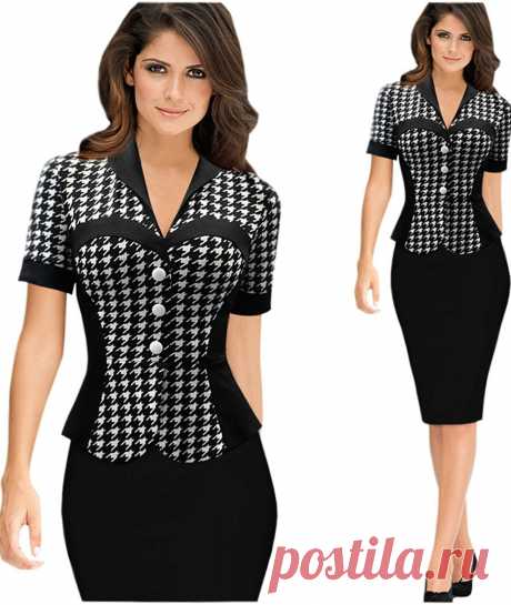 Unomatch Women Short Sleeved Plaid Pattern Peplum Dress Black at Amazon Women’s Clothing store: