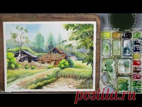 Watercolor Painting | Village Landscape | step by step