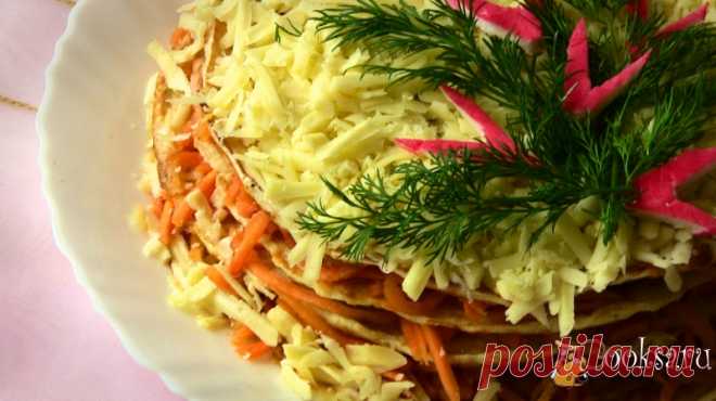 Закусочный торт из курицы с морковью фото рецепт приготовления