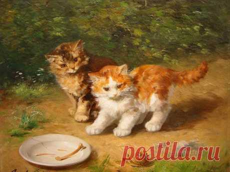 Amazon.com: Hand Painted by Academic Artists - 35 Famous Animal Paintings - Gattini con lumaca Alfred Brunel de Neuville Kitten - Art Oil Painting on Canvas -Size07: Posters & Prints