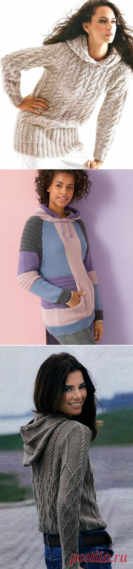 Женские пуловеры с капюшоном из мериносовой шерсти спицами – 3 схемы вязания с описанием