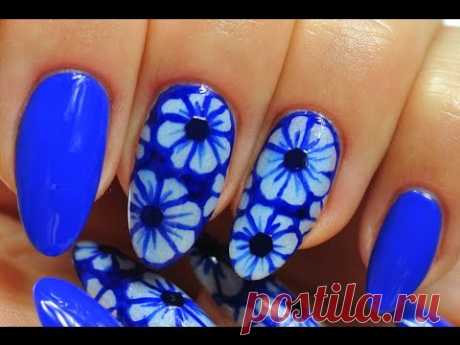 Nail Art. Neon Dark Blue Design. Flowers.