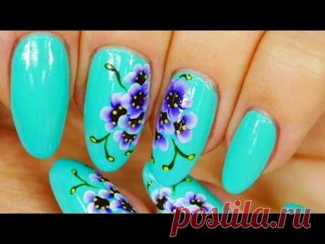 Nail Art. Floral Design !!! Blue Nails !