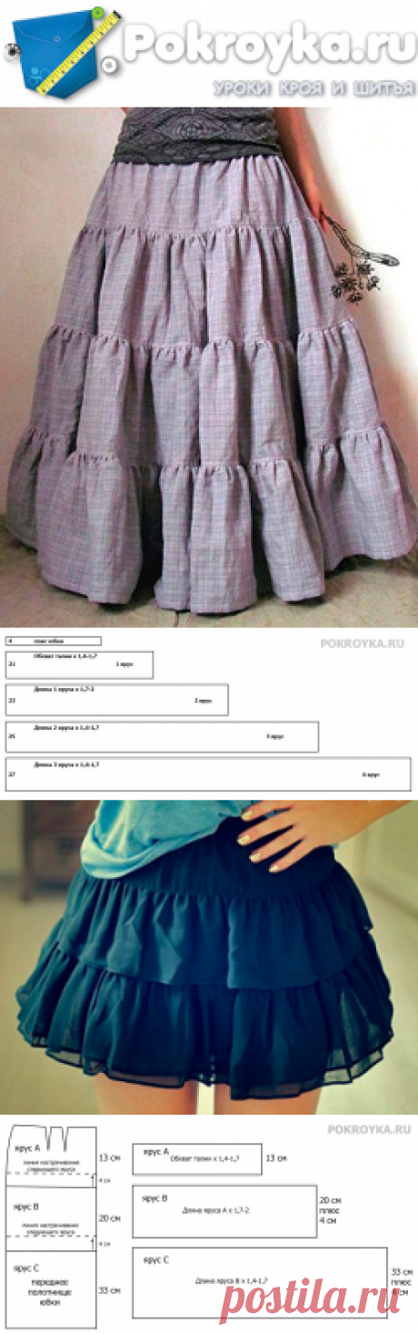 Многоярусная юбка | pokroyka.ru-уроки кроя и шитья
По ссылке есть схема 3-ёх ярусной юбки.
