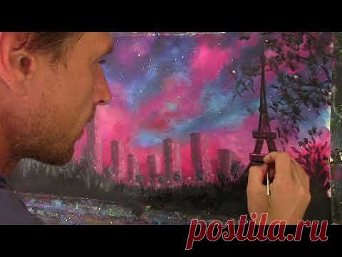 Как нарисовать романтический пейзаж с Эйфелевой башней и девушкой в ночи. Быстрый урок рисования.