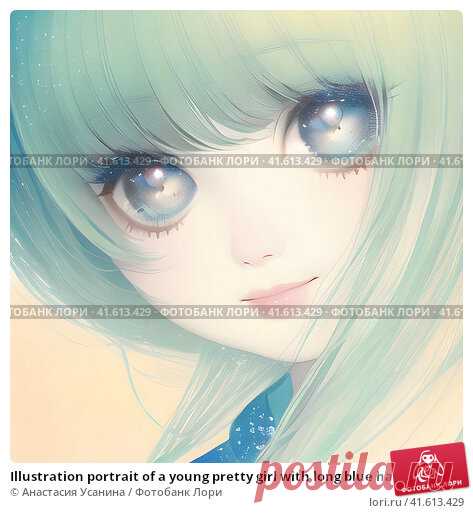 Illustration portrait of a young pretty girl with long blue hair and beautiful big blue eyes in anime style. AI generated art. Редакционная иллюстрация, иллюстратор Анастасия Усанина / Фотобанк Лори