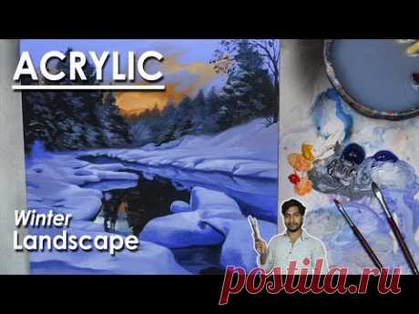 Winter Landscape - Snow Covered Winter Sunset Painting in Acrylic | step by step