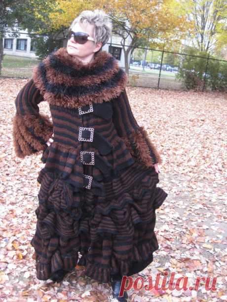 SALE! 30% OFF! Free shipping in United States! Handknitted Steampunk style black-brown long coat /sweater/jacket /skirt with ruffles One-of-the-kind wearable art coat. Gorgeous combination of black and rich brown; buckles closure up front; a lot of crunch details and ruffles on the skirt; puffy cuffs and adjustable collar- you can take it out or put it on. Bust is up to 42 inches, length is 48-50 inches, hip is up to 75 inches, sleeve length is 22-23 inches, armhole is 19 ...