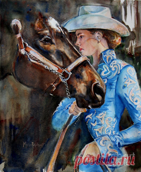 Black Horse and Cowgirl   by Maria Reichert Black Horse and Cowgirl   Painting by Maria Reichert