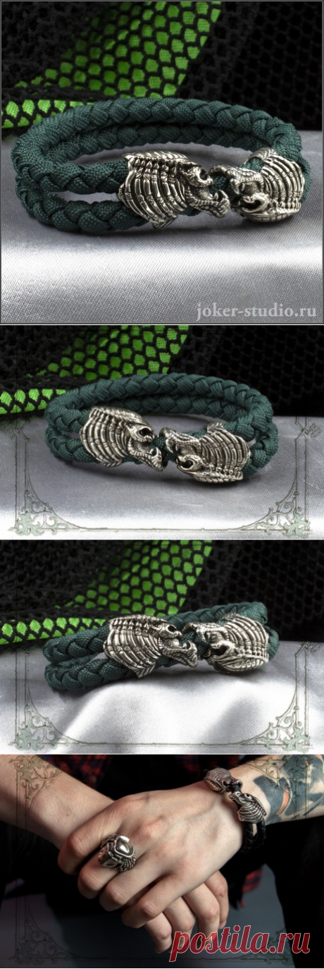 Мужской браслет с плетеным шнуром и серебряной головой охотника Яутжа