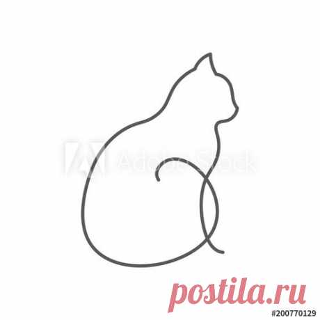 Cat continuous line drawing. Cute pet sits with twisted tail side view isolated on white background. Stock Vector