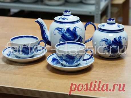 Сервиз чайный Гжель, форма Янтарь, рисунок Тюльпан, 14 предметов на 6 персон - Классика фарфора