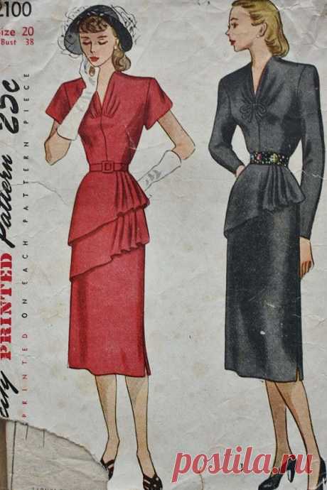 1940s One Piece Dress Asymmetrical Single or Double Tier Peplum Simplicity 2100…