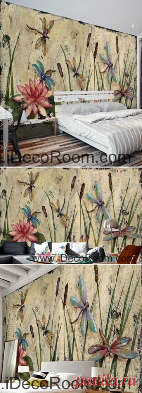 Water lily dragonfly flower illustration IDCWP-000039 Wallpaper Wall D – IDecoRoom