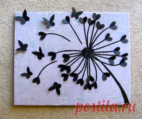 3D Butterfly Art / 3D Dandelion Art / Childrens Room Decor / Nursery Art / Wedding Gift / Statement Art Dandelion Art made with cardstock cut-outs of hearts and butterflies  *Lavender/Grey Back ground with Black Flower  Canvas (16x20) painted with acrylic paint  Cut-outs adhered with heavy duty craft glue  Sprayed with clear gloss varnish to prevent UV damage  Great for: -baby