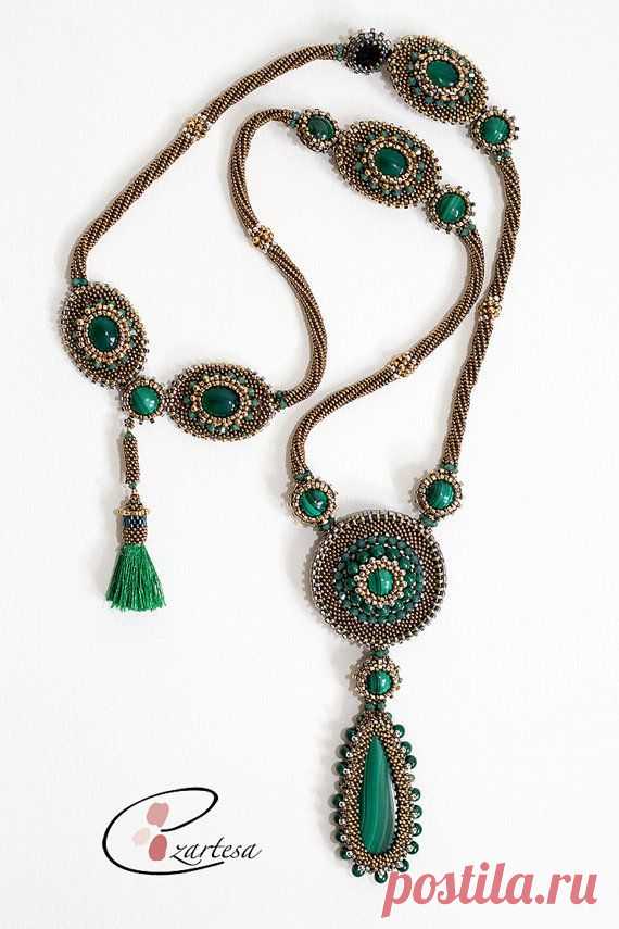 Malachite Statement Necklace, Green Gemstone Pendant, Dark Gold Seed Beads, Jewelry by Ezartesa