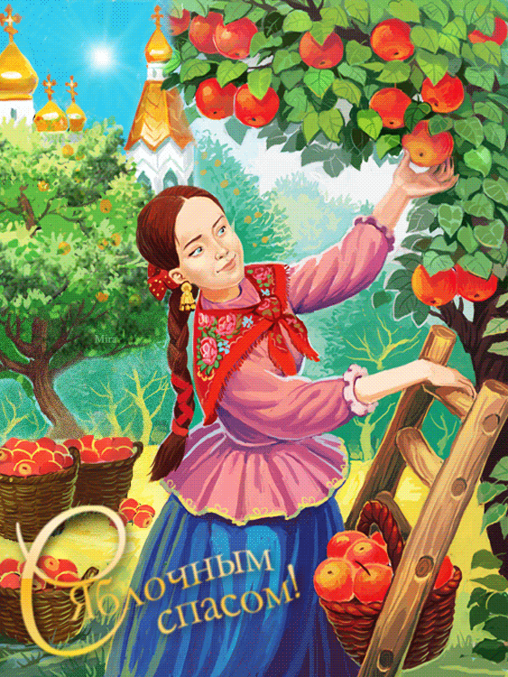 Девушка собирает яблоки - открытки и картинки Девушка собирает яблоки - С Яблочным Спасом красивые открытки для поздравления и анимационные картинки на праздник