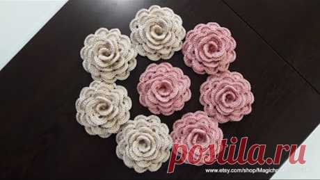 Объемные розы из тонкого хлопка вязаные крючком. Вязаный декор.Volume rose crochet flowers.