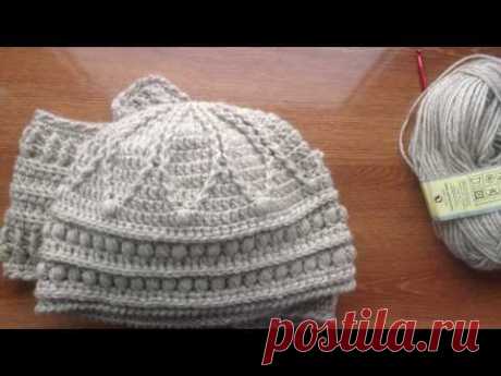 Оригинальный женский комплект крючком. Шапочка+шарфик / Original women's crochet kit. Cap + scarf.