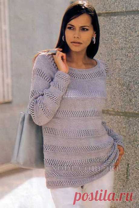 пуловер реглан с горизонтальными ажурными полосами
