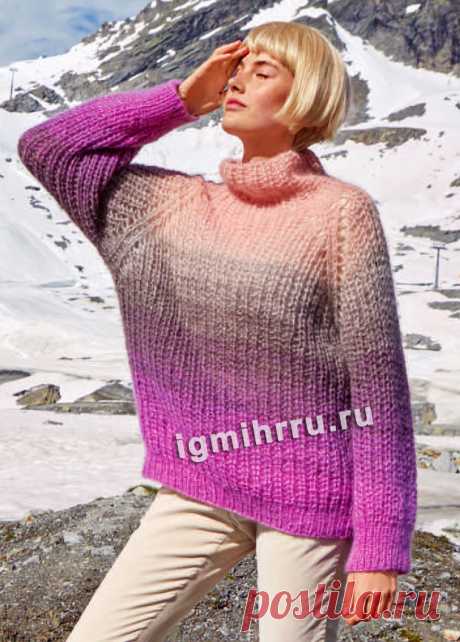 Многоцветный свитер из полупатентной резинки. Вязание спицами со схемами и описанием