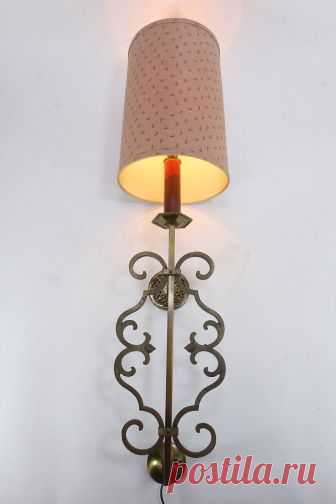 Unusual Vintage Brass Wall Sconce Lamp With Barrel Shade & Decorative Iron Works  | eBay The socket accepts a standard bulb. The 4-sided-center column is brass. The decorative curlicue pieces are made of iron. This lamp is not dated. It is lined with cardboard and the outer surface is soft rust/orange with darker rust/orange 'j' shapes. | eBay!