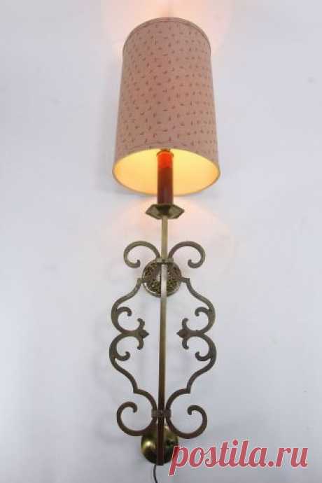 Unusual Vintage Brass Wall Sconce Lamp With Barrel Shade & Decorative Iron Works  | eBay The socket accepts a standard bulb. The 4-sided-center column is brass. The decorative curlicue pieces are made of iron. This lamp is not dated. It is lined with cardboard and the outer surface is soft rust/orange with darker rust/orange 'j' shapes. | eBay!