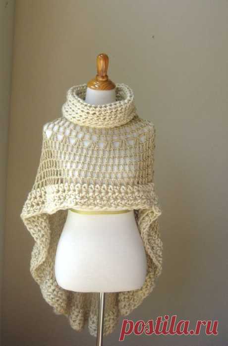 BEIGE BOHEMIAN PONCHO Crochet Knit Cream Cape Shawl Turtleneck Boho Chic Hippie Feminine Capelet Chic Romantic Fall Fashion Ruffled Original