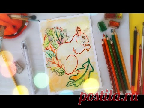 EASY CRAFT IDEAS autumn squirrel art, drawing with watercolor and watercolor pencils - YouTube