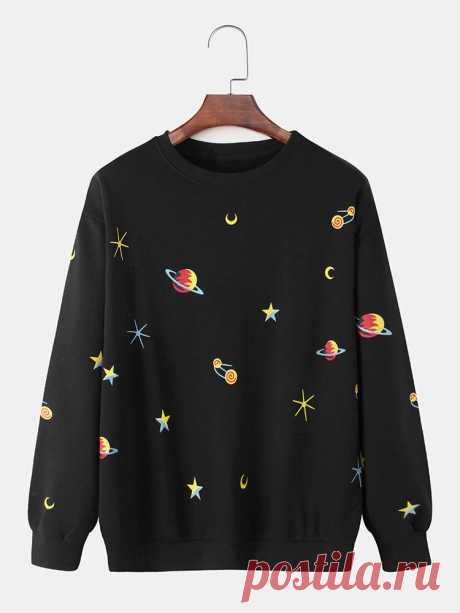 Mens Cotton Cartoon Star & Planet Print Pullover Long Sleeve Simple Sweatshirts - US$24.99