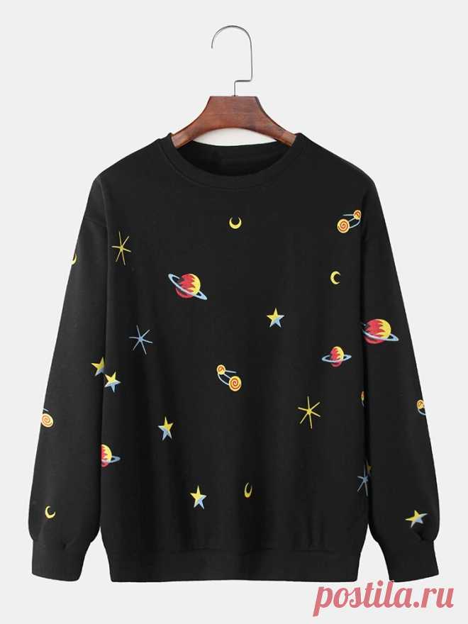 Mens Cotton Cartoon Star & Planet Print Pullover Long Sleeve Simple Sweatshirts - US$24.99