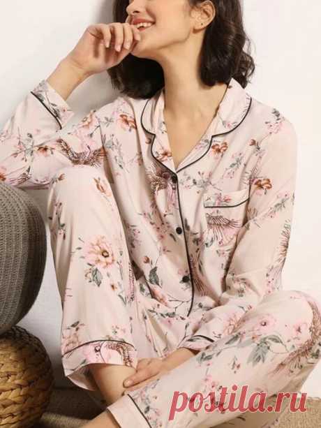 Women Floral Print Camp Collar Pocket Long Sleeve Shirt Loose Pants Home Pajamas - US$24.99