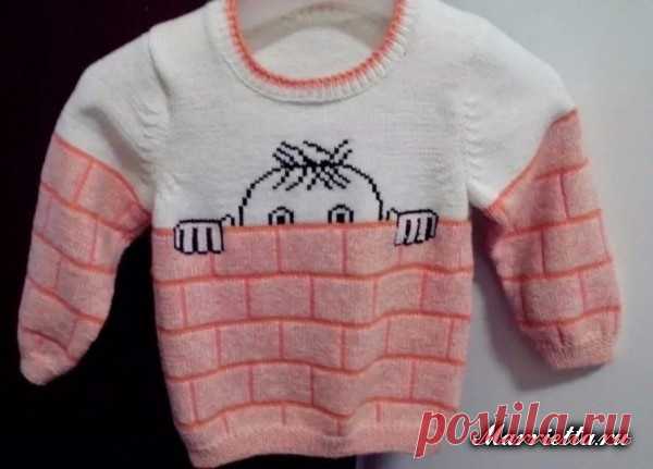 Забавный детский пуловер спицами для мальчика