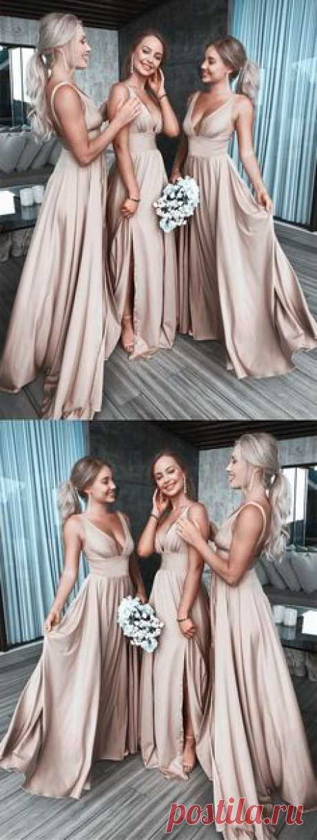 simple champagne long bridesmaid dresses,chic wedding party dress for guest, deep v neck bridesmaid dress #wedding