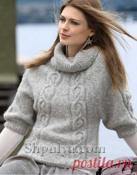 Серый пуловер с рукавами реглан и декоративными косами - SHPULYA.com