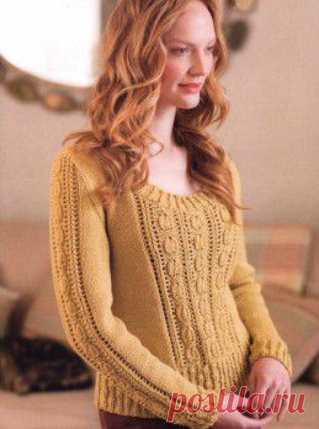 Вязание крючком и спицами - Пуловер золотистого цвета с узором листочки