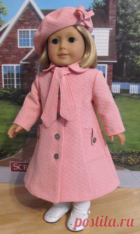 Pattern Proof View A of KDD09  "Coat Essentials" Pattern This ensemble is the actual pattern proof outfit ( View A)  for my upcoming pattern KDD09 titled "Coat Essentials".    This spring dress your American Girl doll in this pretty coral pink classic styled coat and beret . The coat has princess seams in front and back, is fully lined and features top stitch detailing.The functioning side pockets feature buttoned tabs. The self fabric scarf that wraps underneath the colla...