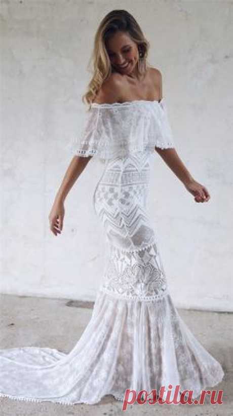 off the shoulder white lace church long wedding dresses, romantic court train mermaid bridal gowns  #wedding