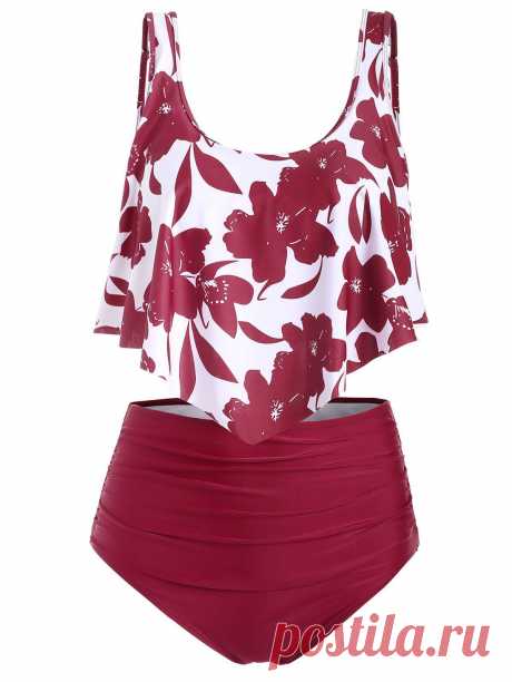 [40% OFF] 2020 Floral Flounce Ruched Tankini Swimsuit In RED | DressLily
