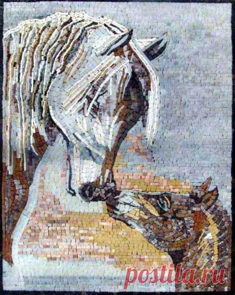 Mosaic Mural - Marble Horses This is a handmade marble mosaic that is composed of 100% natural stones and hand cut tiles. It shows the picture of Two beautiful Horses using earth tone colors. Customization available for size and borders to best fit your indoor or outdoor walls. Mosaic Uses: Floors Walls or Tabletops both Indoor or Outdoor as well as wet places such as showers and Pools.