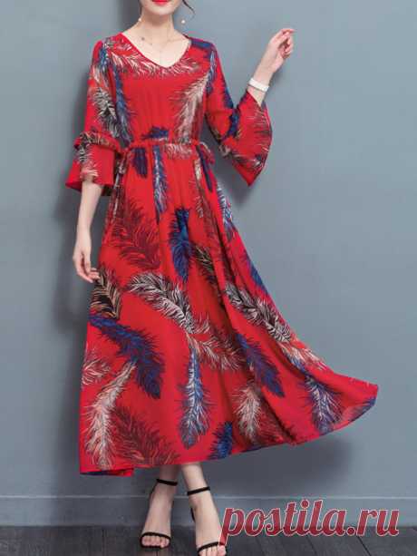 Hot-sale Casual Women Loose Drawstring Print Ruffle Sleeve Dress{ - NewChic