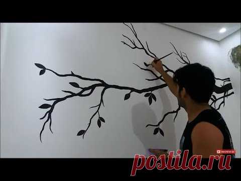 Pintura tipo papel de parede - decoração Sala, galho com pássaros